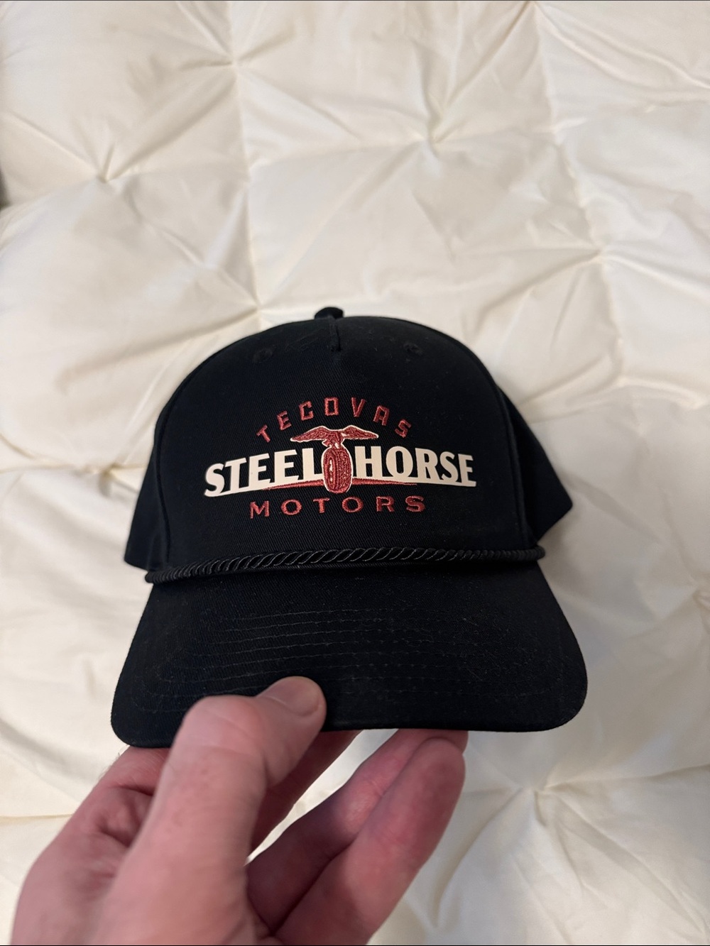 Tecovas Black Cap with Red and Cream Steel Horse Logo